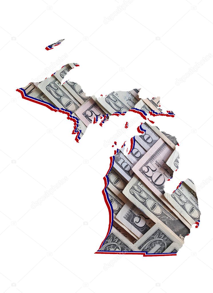 american dollar banknotes forming and the map of Michigan State and white background