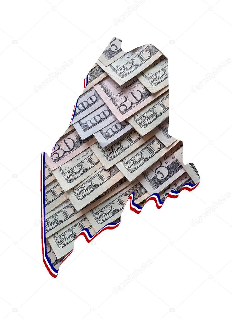 american dollar banknotes forming and the map of Maine State and white background