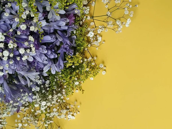 purple agapanthus flower in a floral bouquet and yellow background