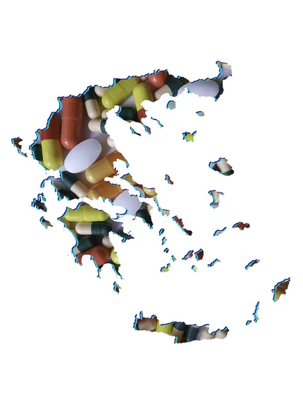Mapa Řecka Léky Pilulky Bílým Pozadím — Stock fotografie