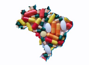 İlaç hapları ve beyaz arkaplanlı Brezilya haritası
