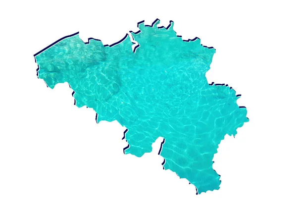 アクアマリン色と白の背景で水の反射像を持つベルギーの地図 — ストック写真