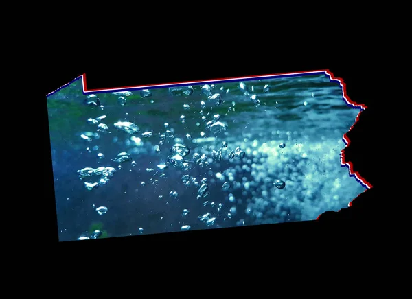 具有流动水图像和黑色背景的宾夕法尼亚州地图 — 图库照片