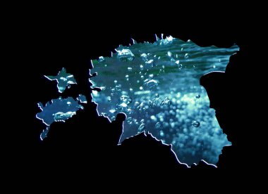 Hareketli su görüntüsü ve siyah arkaplanı olan Estonya haritası