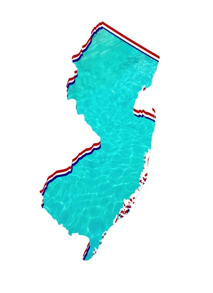 带有水彩画和白色背景的水反射图像的新泽西州地图 — 图库照片