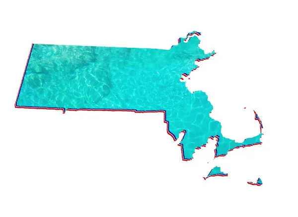 アクアマリンの色と白の背景で水の反射像を持つマサチューセッツ州の地図 — ストック写真