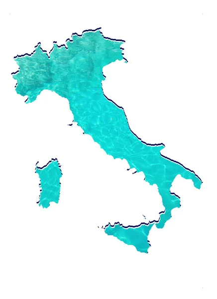 アクアマリンの色と白の背景で水の反射像を持つイタリアの地図 — ストック写真