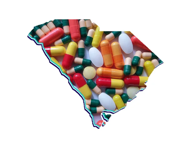 Карта Штата Южная Каролина Лекарствами Таблетки Белый Фон — стоковое фото
