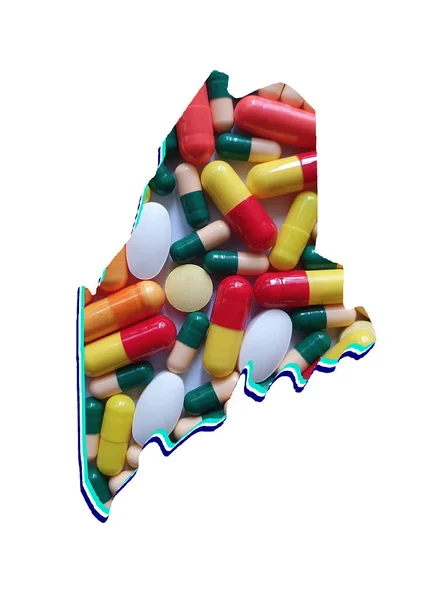 Carte État Maine Avec Des Pilules Médecine Fond Blanc — Photo