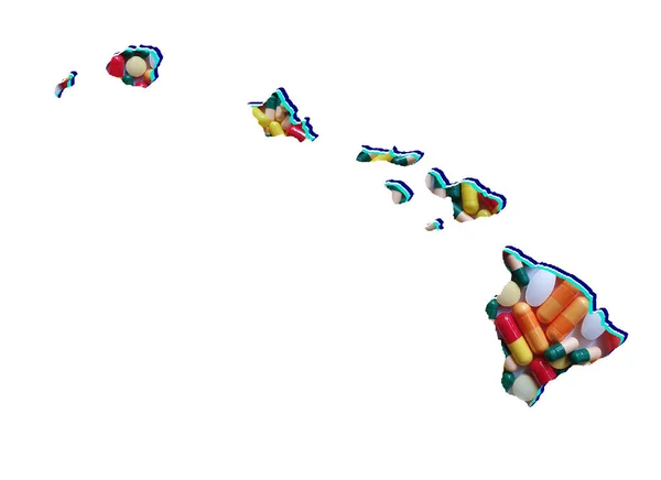 Karta Över Hawaii Staten Med Medicin Piller Och Vit Bakgrund — Stockfoto