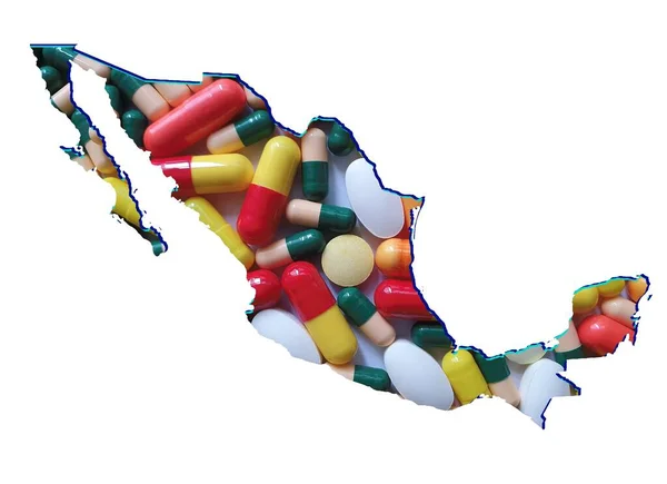 带有药丸和白色背景的墨西哥地图 — 图库照片