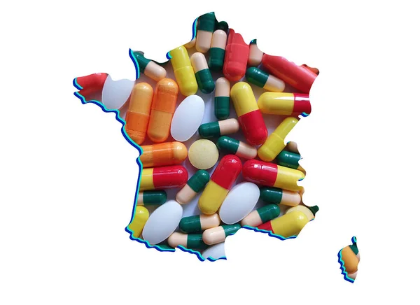 带有药丸和白色背景的法国地图 — 图库照片