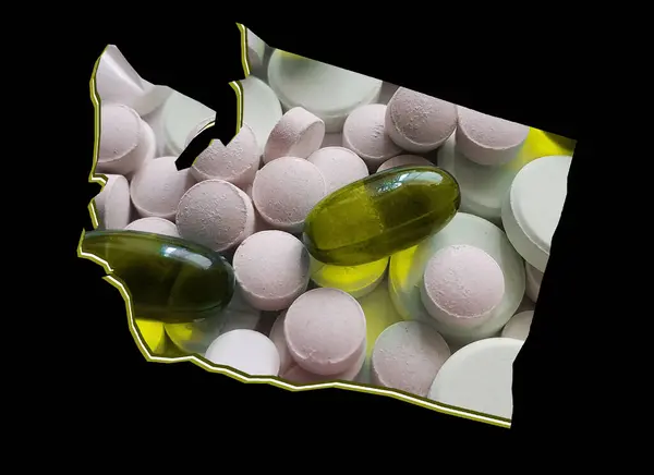 Mapa Státu Washington Léky Pilulky Černým Pozadím — Stock fotografie