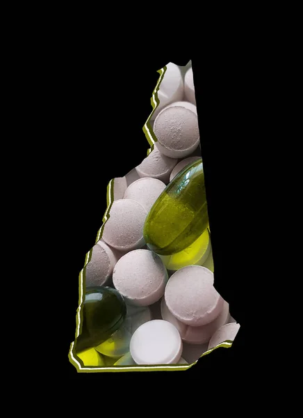 薬と黒の背景を持つニューハンプシャー州の地図 — ストック写真