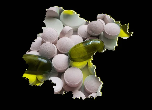 Карта Штата Гуанахуато Лекарствами Таблетки Черный Фон — стоковое фото