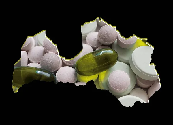 Mapa Lotyšska Léky Pilulky Černým Pozadím — Stock fotografie