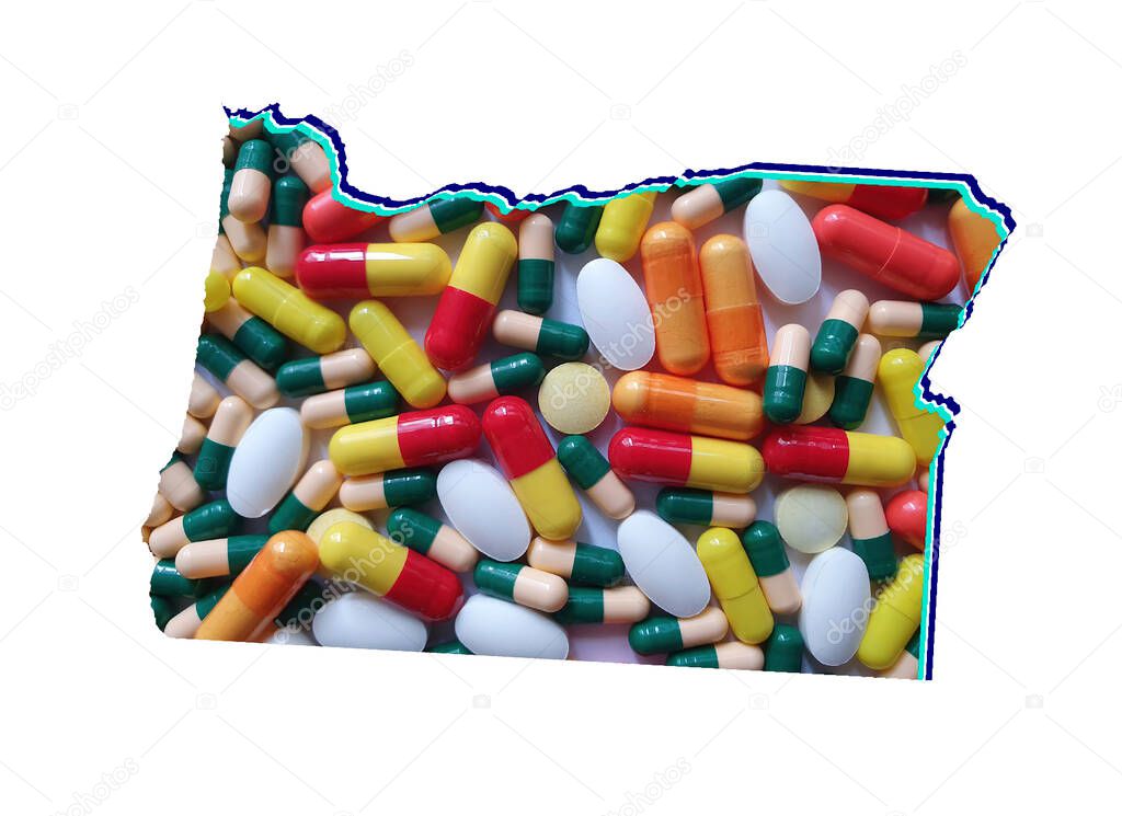 map of Oregon state with medicine pills and white background