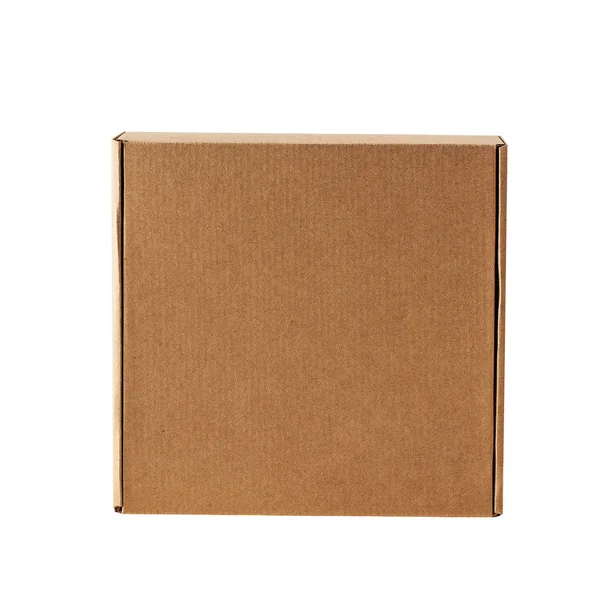 Caixa de papelão Kraft quadrado fechado vista superior. A caixa é esculpida em um fundo branco . — Fotografia de Stock