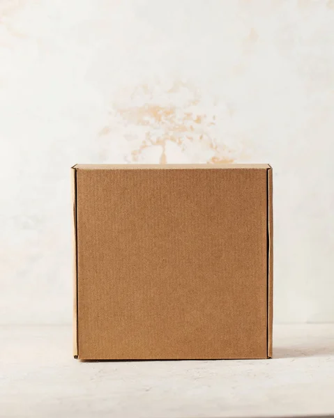 Caixa de papelão Kraft quadrado fechado vista superior. A caixa é esculpida em um fundo branco . — Fotografia de Stock