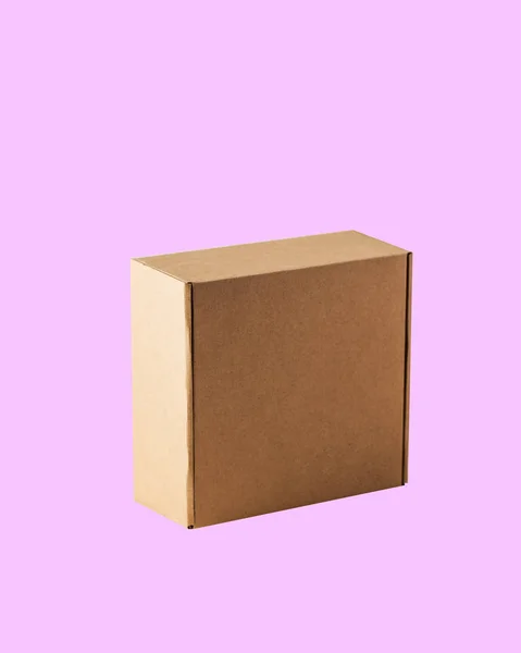 Widok boczny kwadratu zamknięte pudełko tekturowe Kraft. Pudełko jest wyryte na różowym tle.. — Zdjęcie stockowe