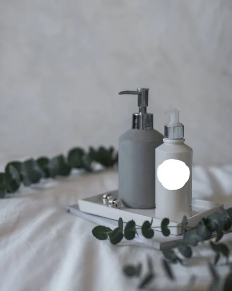 Dispensers for hygiene products, shower gel, face care, any cosmetic product on a white stand on a light background in gray tones and with green plants in the background. There is space for the logo. — Stock Photo, Image