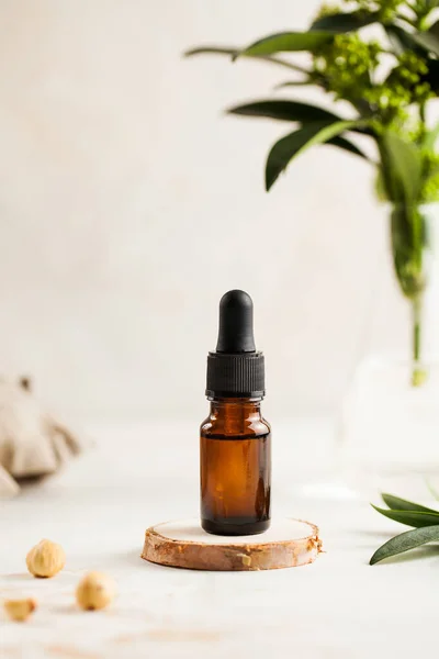 Cilt bakımı. Nemlendirici serum ahşap tezgahta, fındıkların yanında, arka planda yeşil bitkili bir ampul..