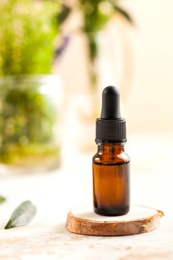 Cilt bakımı. Vazodaki yeşil bitkilerin arkasında yüz ve vücut için nemlendirici serum veya yağ..