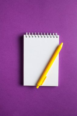  Renkli bir arka planda dizayn için kalem olarak kullanılan sarmal defter. Metin, plan, liste konsepti. Boşluğu kopyala.