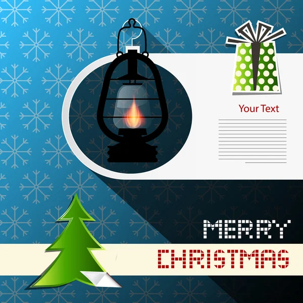 Joyeux Noël Carte avec arbre de Noël, lampe à gaz et boîte cadeau — Image vectorielle