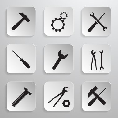 Araçlar simgeler kümesi. Vektör çekiç, dişli, dişli, anahtar, tornavida, yuvarlak kağıt arka plan üzerinde siyah sembolleri vida.