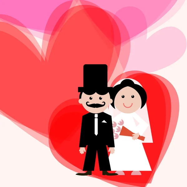 Wedding Greeting Card with Bride - Groom and Hearts — Stock Vector