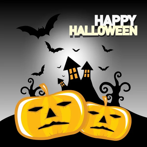 Biglietto di Halloween felice con castello spettrale, pipistrelli e zucche — Vettoriale Stock