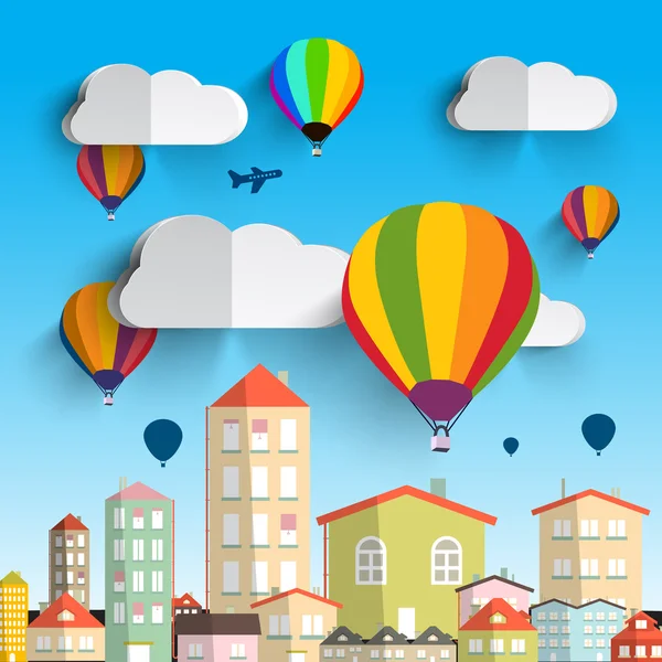 Horkovzdušné balóny s mraky vektorové ilustrace s domy na město — Stockový vektor