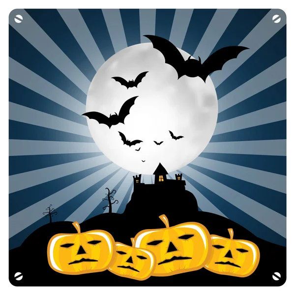 Happy Halloween Retro afbeelding met griezelige kasteel, vleermuizen en pompoenen — Stockvector