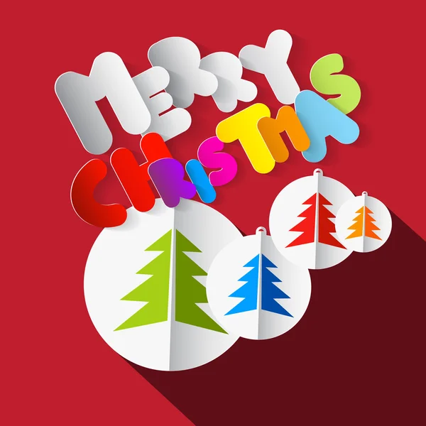 Feliz Navidad colorido papel cortado título con árboles de Navidad en círculos de papel — Vector de stock