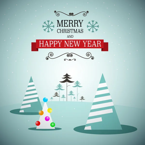 Veselé Vánoce a šťastný nový rok. Vektor zimní krajina se stromy. Retro jednoduchá blahopřání s sněhové vločky. — Stockový vektor