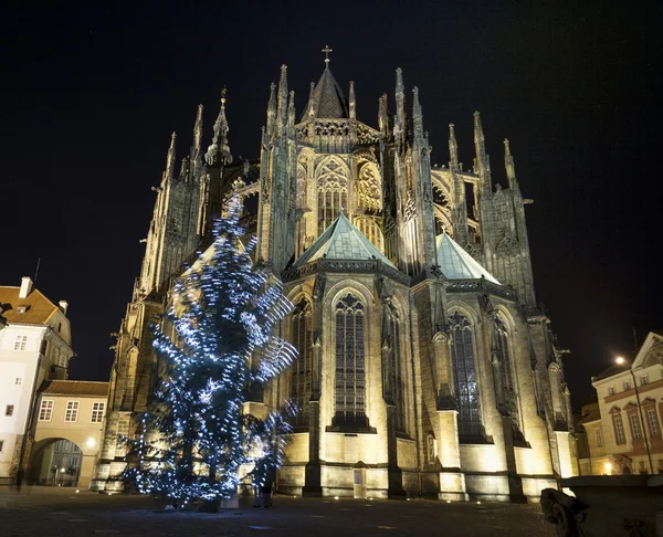 Bottom View Night St Vitus Cathedral with Blurred Christmas Tree on Wind. View from Below. Prague - Czech Republic - Europe — Stock Photo, Image