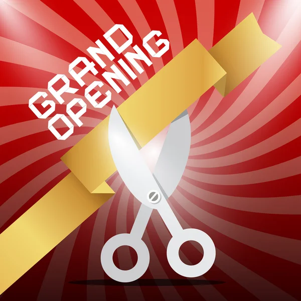 Grand Opening. Silver Scissors Cutting Gold Ribbon on Red Background. — Stockový vektor