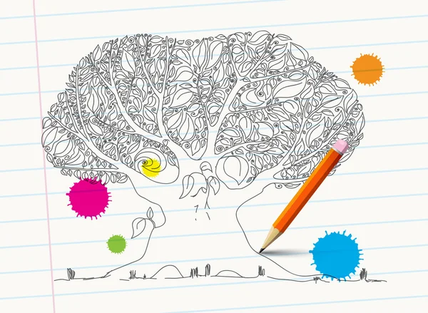 手绘树上用铅笔和多彩的污渍的笔记本纸 — 图库矢量图片