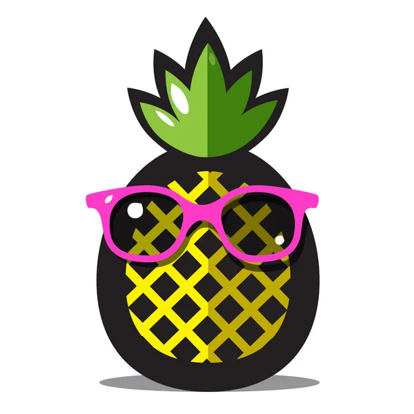Vetor de ananás. Amarelo Ananas desenhos animados com folhas verdes e óculos de sol rosa . —  Vetores de Stock