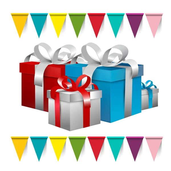 Boîtes cadeaux et drapeaux colorés vecteur — Image vectorielle
