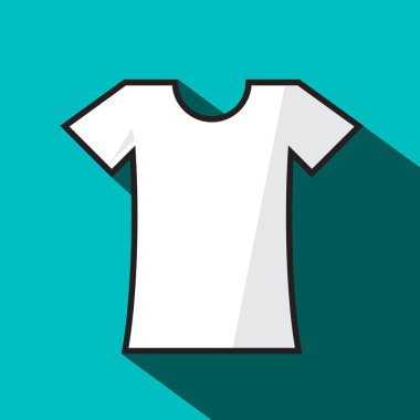 T-shirt simgesi. Vektör beyaz boş düz tasarım uzun gölge t-shirt simgesi mavi zemin üzerine.