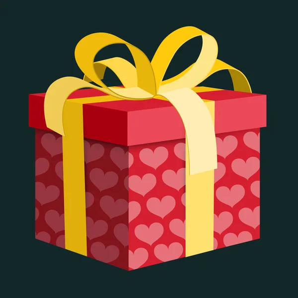 Boîte cadeau vectorielle. Boîte cadeau rouge avec coeurs roses et ruban d'or sur fond foncé . — Image vectorielle
