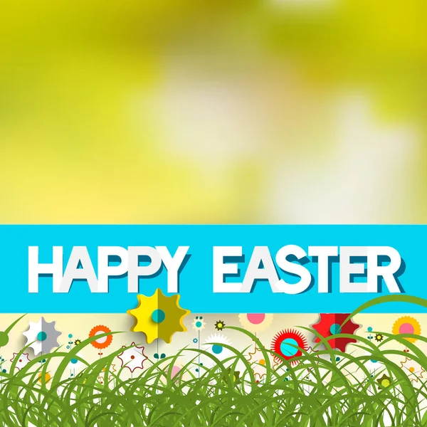 Pascua borrosa Bokeh fondo con hierba, papel colorido flores cortadas y título Feliz Pascua — Archivo Imágenes Vectoriales
