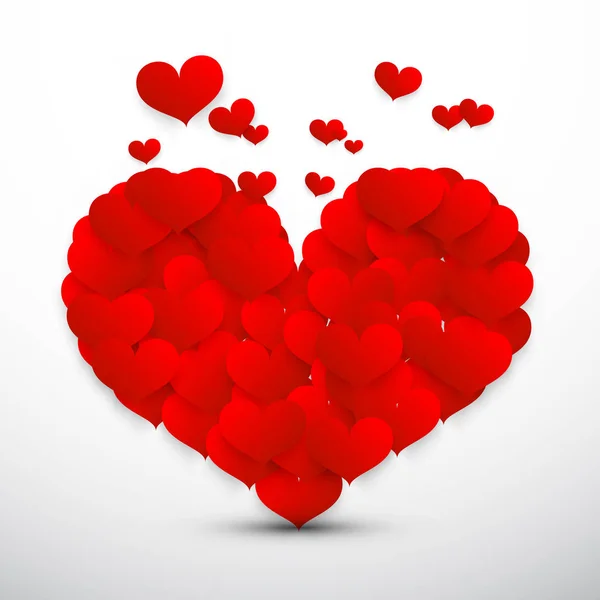 Corazón rojo grande hecho de pequeños corazones vectoriales voladores aislados sobre fondo gris — Vector de stock