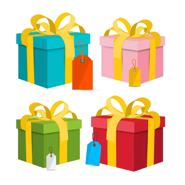 De doos van de Gift - huidige vak illustratie vector. Geschenkdozen met bogen en lege etiketten - Tags geïsoleerd op witte achtergrond. — Stockvector