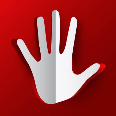 El. Kağıt kağıt Palm el kırmızı zemin üzerine kes..