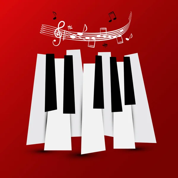 Musik-Symbol. Vector pianotangenter med personal och anteckningar. Tangentbordet på röd bakgrund. — Stock vektor