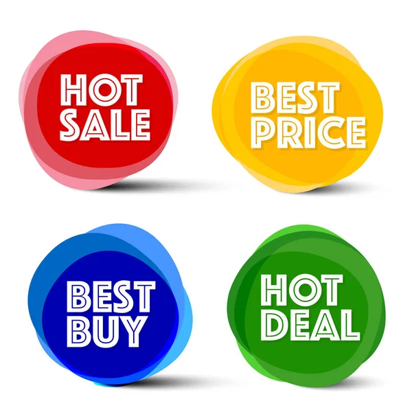 Etiketler. Vektör kırmızı, mavi, turuncu ve yeşil iş ikonları/simgeleri. Satılık sıcak, en iyi fiyat, en iyi satın almak ve anlaşma Etiketler sıcak. — Stok Vektör
