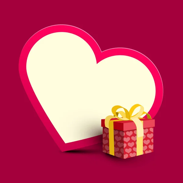 Gran corazón de papel y caja de regalo rosa con cinta de oro. Ilustración vectorial. Caja de regalo 3D con corazones . — Vector de stock